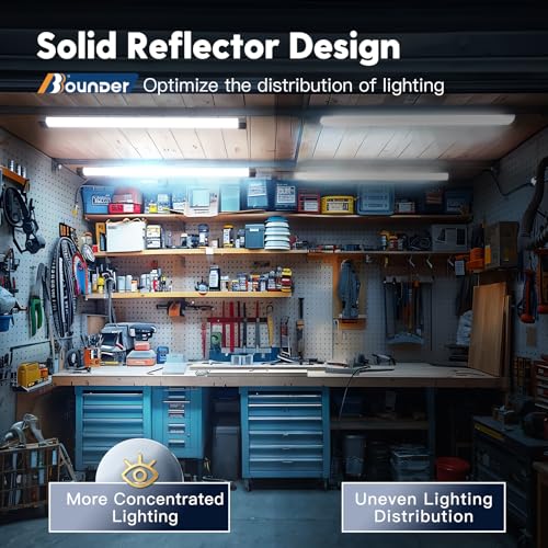 Image of Bbounder 4 Pack Linkable LED Shop Light with Reflector, Super Bright 6500K Cool Daylight, 4400 LM, 4FT Integrated Fixture for Garage, 40W Equivalent 250W, Surface & Suspension Mount, Black, ETL Listed