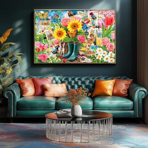 Image of Spring Garden Butterfly 500 Piece Jigsaw Puzzle for Adults Vintage Colorful Flower Art Tulips Sunflowers Puzzle with Letters on Back Fun Family Challenging Games Gift for Seniors (23 inchx15 inch)