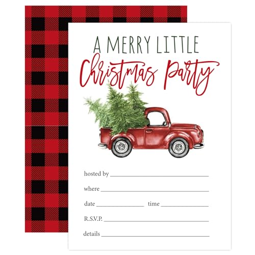 Whaline 25 Pack Christmas Party Invitation Cards Watercolor Vintage Red Truck Invitation Paper Cards with Envelopes Red and Black Plaid Xmas Holiday Party Invites