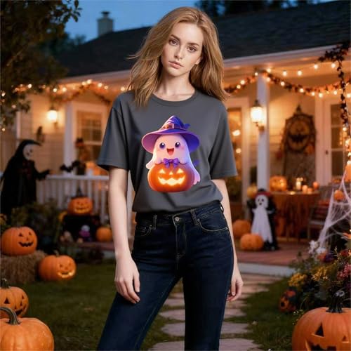 IRUD Halloween Shirts for Women - Pumpkin Ghost Wizard Hat Pattern Round Neck Short Sleeve - image 7