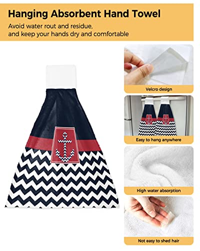 Nautical Anchor Kitchen Hanging Towel, Set Of 2 Absorbent Soft Hand Tie Towel Chevron Striped Navy Blue Red White Durable Tea Bar Dish Towels For Bathroom Laundry Room Decor #TOP1