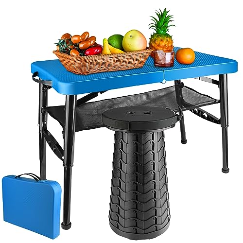 Image of Portable Folding Table and Stool Set, Lightweight Foldable Table & Collapsible Stool for Camping Picnic Beach Fishing, Sturdy Small Outdoor Table with Mesh Layer Storage- Blue