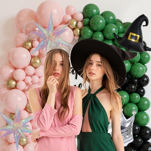 Image of Dark Green and Pink Balloons Arch Set for Witch Party, 160Pcs Dark Green, Baby Pink, Black, Gold, Clear Bobo, Witch Hat, Crown, and Exploding Star Balloons Kits for Birthday Decoration
