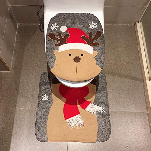 Toilettensitzbezug Weihnachten Toilettendeckel Teppich Weihnachtsdeko WC Deckelbezug Sitzbezug Weihnachtsmann Schneemann Elch Weihnachtsartikel Deko Badematten Set 2 Stücke (Weihnachtselch) Cover