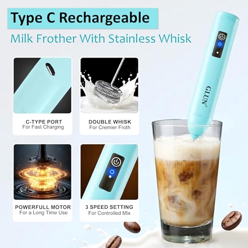 Image of GLUN Portable Coffee Frother Vibe Turquoise Colour 1 Piece, Type-C Port Rechargeable Handheld Milk Frother with 2-Layer Detachable Steel Whisk, Fast Foam Maker for Latte, Cappuccino & Coffee