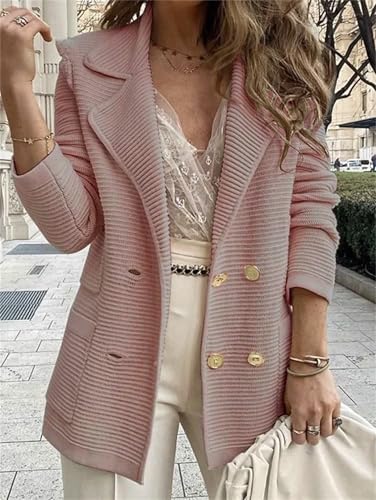 Loose Fall Outwear with Pocket Large Pocket Ribbed Blazer Jacket Womens Blazers Notched Lapel Double Breasted Jacket3