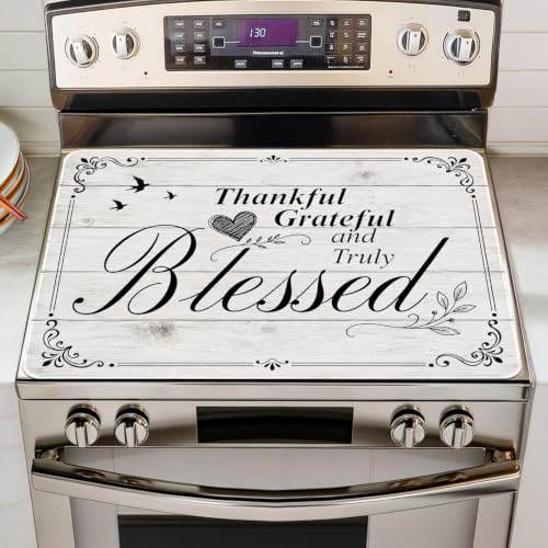 Image of Thankful Grateful Blessed Stove Top Cover for Electric Stove 28 inchx 20 inch Wood Grain Background Heat Resistant Glass Top Stove Cover Protector, Glass Cooktop Covers, Kitchen Flat Stove Top Covers