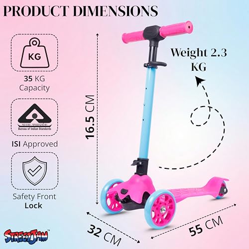 Image of STREETJAM Komiks Kids Kick Scooter for 3-12 Years, Tilt & Turn Safety Lock (1st Time in India), BIS Approved, Lean-to-Steer, Wide Deck, Adjustable Height, Up to 35 kg Load (Magenta with Cyan Blue)