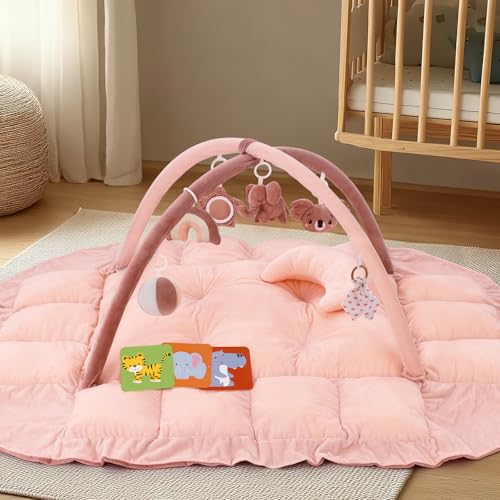 5-in-1 Plush Baby Play Gym & Activity Mat, Baby Play Mats, Baby Gym with Convertible Design, Tummy Time Mat with Pillow, 6 Sensory Toys for Newborn to Toddler, Dark Pink
