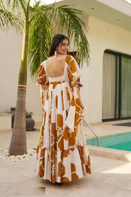 Image of Women Floral Printed Tiered Maxi Dress with Puff Sleeves, Empire Waist, Tie-Up Detail, Flared Long Dress for Casual Wear, Summer Outings, Vacation & Resort Wear - Causal Gown for Women