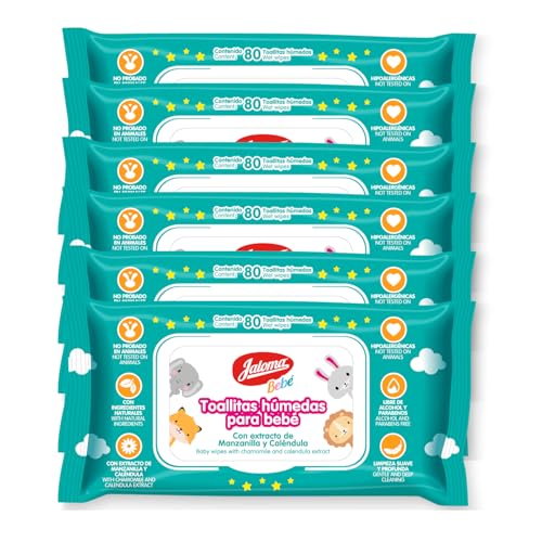 Image of JALOMA Baby Wipes, Pack of 6, 80 Wipes Each (480 Count) | Chamomile and Calendula Extract, Hypoallergenic, Paraben Free