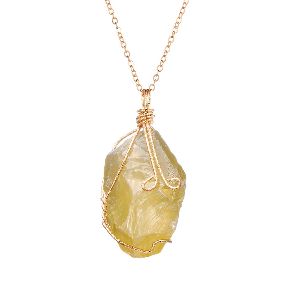 GemsflyGold Plated Wire Amethysts Rose Quartz Clear Crystal Fluorite Stone Nuggets Pendant Necklace