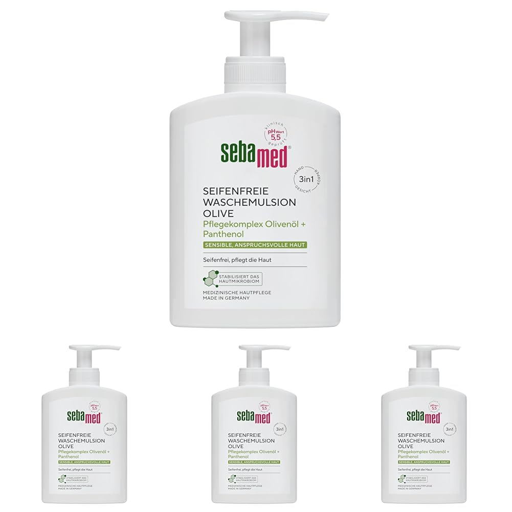 Sebamed seifenfreie Waschemulsion Olive 200 ml mit Spender, Pflegekomplex mit Olivenöl und Panthenol, für sensible, anspruchsvolle Haut, zur Hand-, Gesichts- und Körperreinigung geeignet