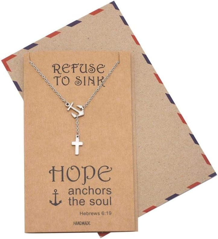 quan jewelry Cross and Anchor Necklace, Religious Gifts Sailor Pendant with Inspirational Quote on Greeting Card, Beach Themed Nautical Jewelry in Silver Tone Adjustable Chain 16" to 18"