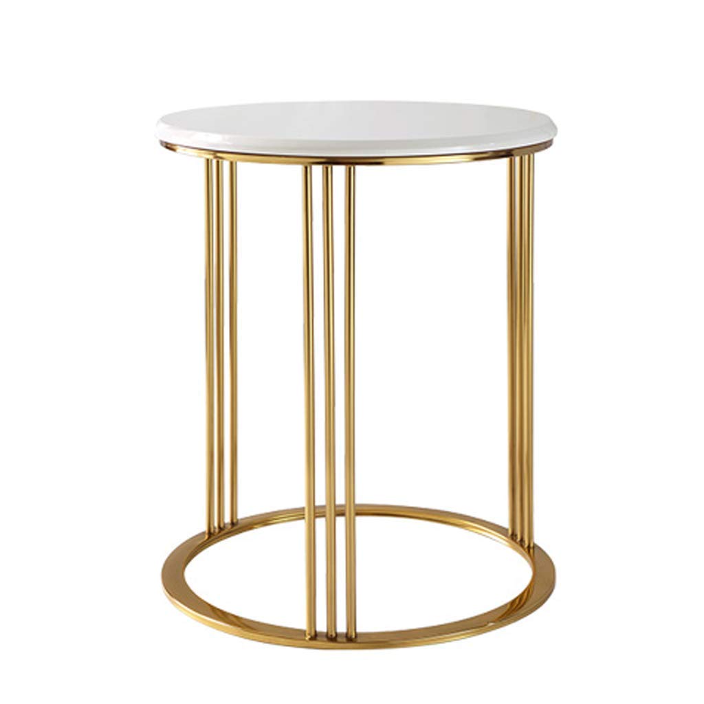 Table basse ronde de 51 cm en marbre blanc et pieds en fer doré