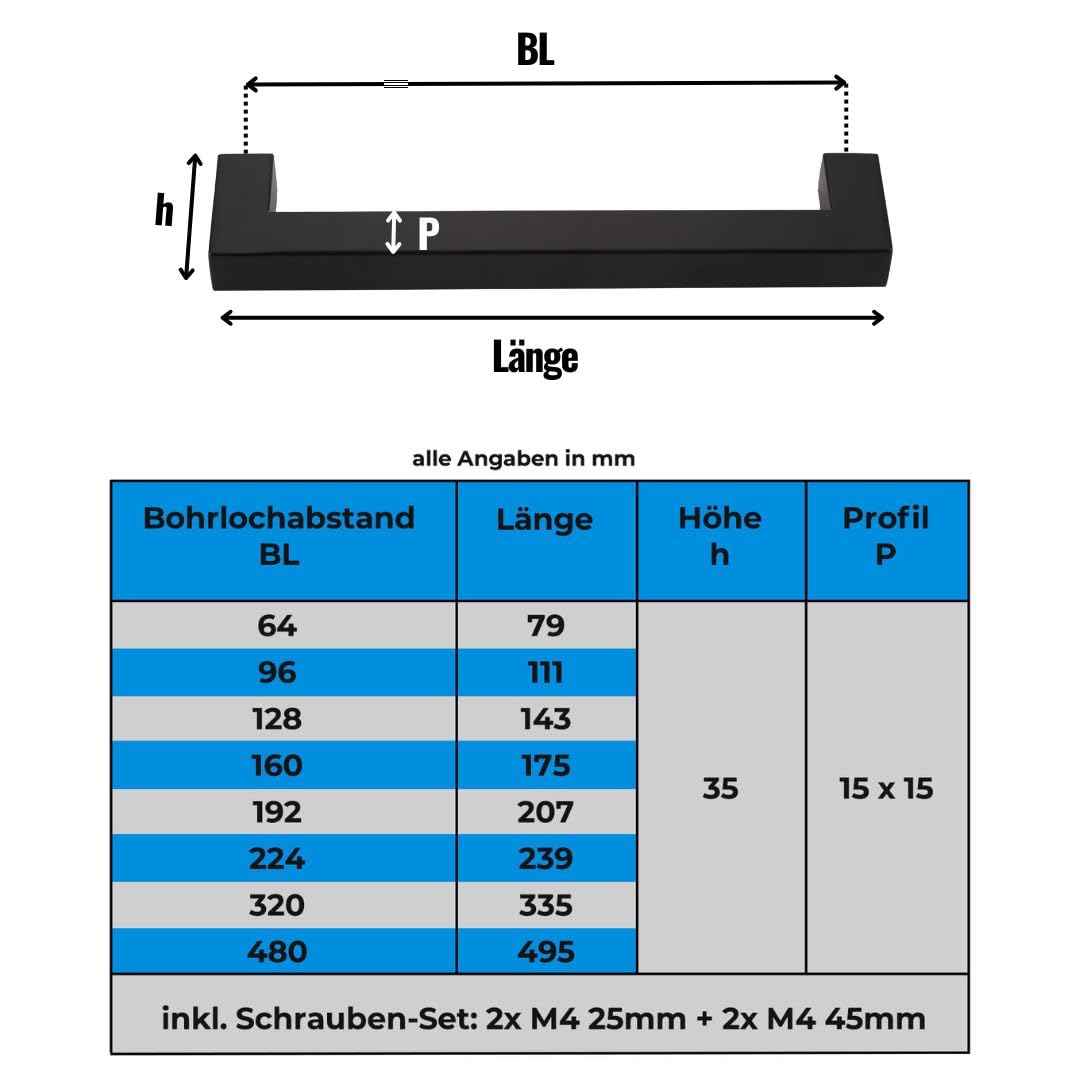 Stahlia 20 x Möbelgriffe Schwarz matt Lochabstand 480mm Edelstahl Schrankgriffe Küchengriffe Schrankgriffe Stangengriffe eckig Wohnzimmer Möbel Bad Möbel Schrank Profil: 15x15mm inkl. Schrauben