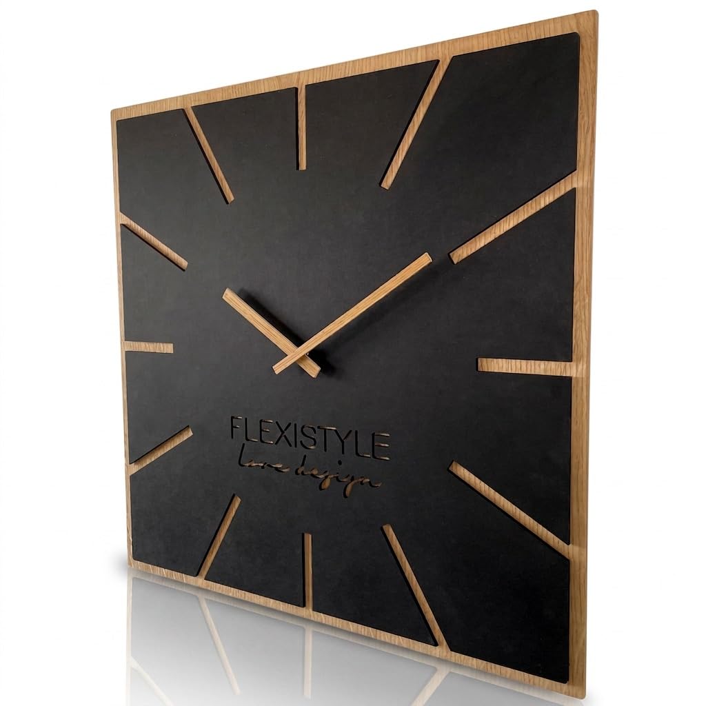 FLEXISTYLE large wall clock for living room bedroom 60cm wooden cloak oak black silent non ticking
