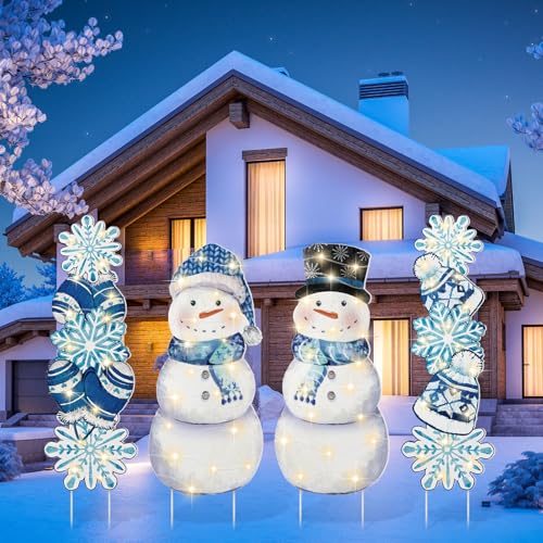 Bencailor 4 Pcs Christmas Outdoor Decorations Snowman Snowflake Yard Signs