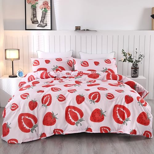 SDIII 3PCS Pink Strawberry Duvet Cover Set Twin, 1 Duvet Cover and 2 Pillowcases, Strawberry Bedding with Corner Ties and Zipper Closure, Cute Duvet Cover Set for Kids Girls and Teens, Twin