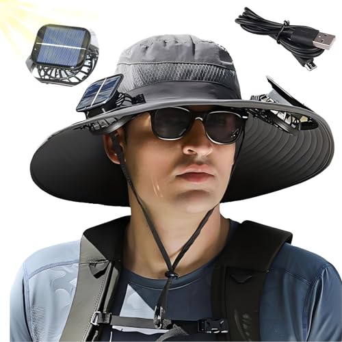 Image of Solar Fan Hat,Wide Brim Solar Fan Outdoor Fishing Hat,Mens Sun Hat with 2 Fan, Waterproof Outdoor Hiking Camping Fishing Hat(Grey)