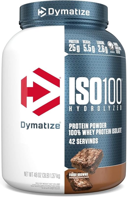 Image of Dymatize ISO100 Whey Protein Powder Isolate, Fudge Brownie, 25g of Protein, 3 Pound, 5.5g BCAAs, Less Than 120 Cal., Gluten Free, 1g Fat, 1g Sugar, 2g Carb