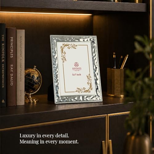 Image of DIVINITI German Silver Photo Frame 5x7 Inch | Luxury Silver Plated Picture Frame for Table & Wall Decor | Elegant Engraved Design with Stand | Premium Gift Frame for Home Decor & Gifting