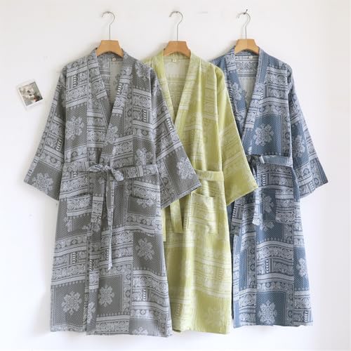 Mens Kimono Robe 100% Cotton Lightweight Japanese Sleepwear Kimono Bathrobe for Yukata Spa Sauna2