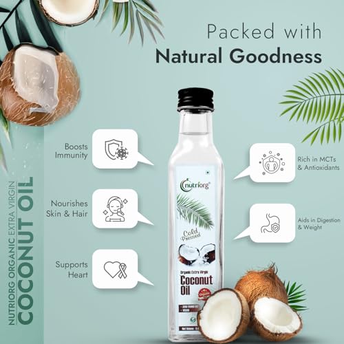 Image of NutriOrg Extra Virgin Coconut Oil 250mL | Cold Pressed, 100% Organic & Pure | Right for Cooking, Massage and oil pulling | Multipurpose use for skin and hair