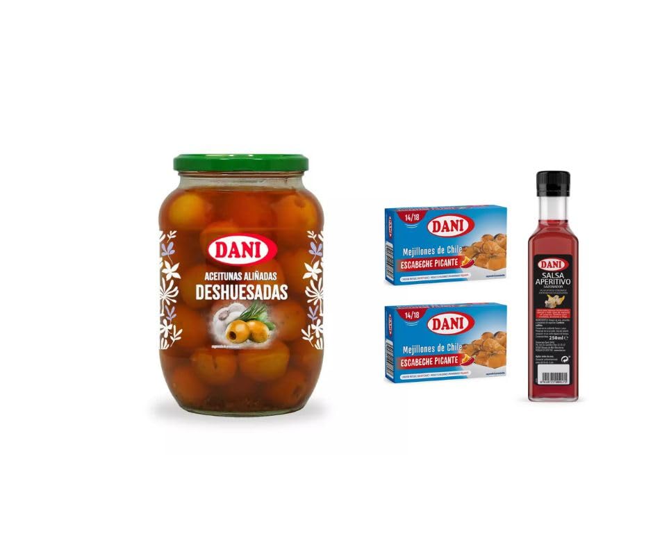DANI Aceitunas Gourmet - Chupadedos, Aliño Casero, Olivicas y más - Sabor Tradicional 850ml + Regalos con 3 Und (6 Botes 850ml + 2 Latas Mejillones + Salsa 250ml., Aceitunas aliñadas deshuesadas)