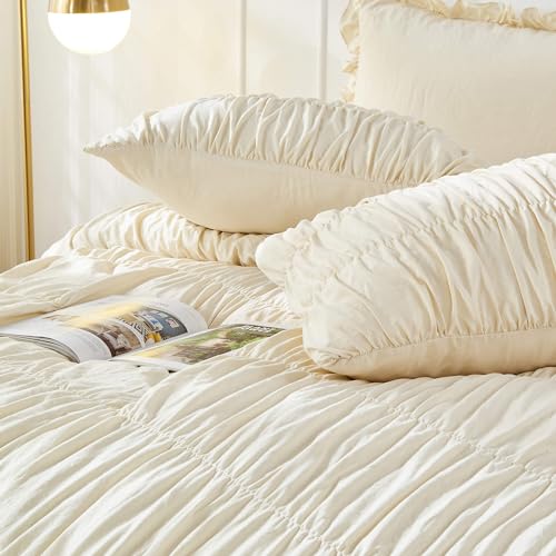Queen-Comforter-Set-Wheat-Bedding-Ruched-Comforter-Queen-Size-Bed-Set-Boho-Shabby-Chic-Bedding-for-Bedroom-Comforter-Fluffy-3-Piece-Ruffle-Comforter-Set-with-Pillow-White-Bedding-Soft