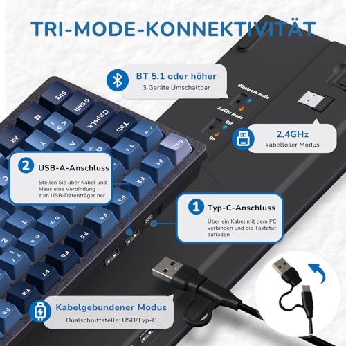 RK ROYAL KLUDGE RK98 Mechanische Tastatur Kabellose Gaming Tastatur 2.4G/Bluetooth 5.1/USB-C RGB Hinterleuchtet Deutsches Layout QWERTZ 100 Tasten Hot Swappable Roter Schalter, Blau – Bild 3
