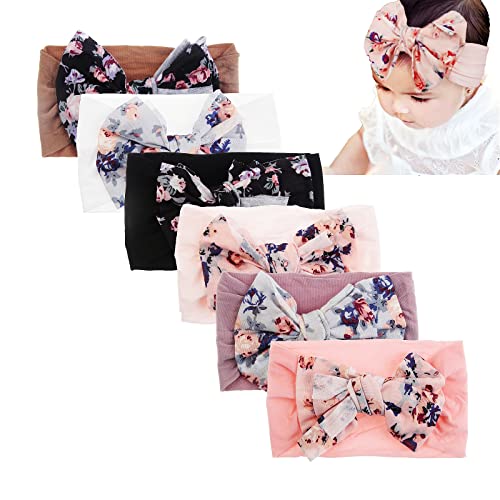Image of Nishine 6 Pack Cute Toddler Baby Girls Elastic Soft Nylon Headwraps Infant Knot Bow Headband Turban (Pink Set-6pcs)