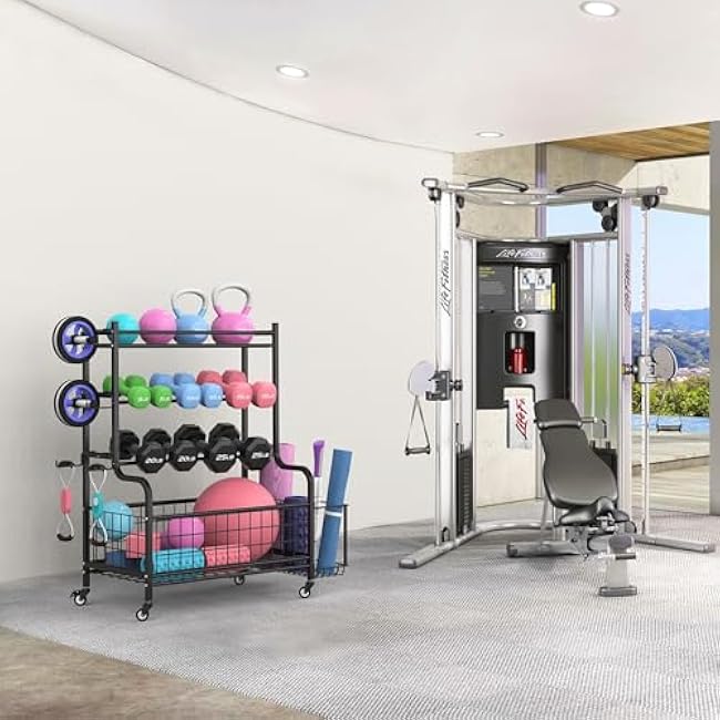 WALMANN Dumbbell Rack Home Gym Weight Rack for Dumbbells, Kettlebells, Foam Rollers, Yoga Mats and Resistance Bands, Workout Gear Organizer With Wheels