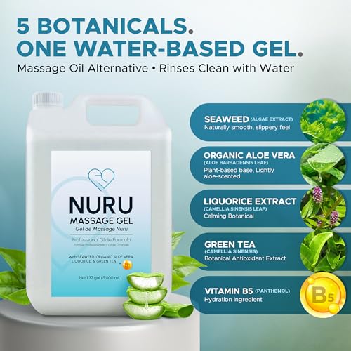 Image of Nuru Massage Gel 1.32 Gallons, Organic Aloe Vera, Water Based, Body-to-Body | Body-to-body massage oil alternative. Organic aloe vera, seaweed, green tea, licorice & vitamin B5. Paraben free.