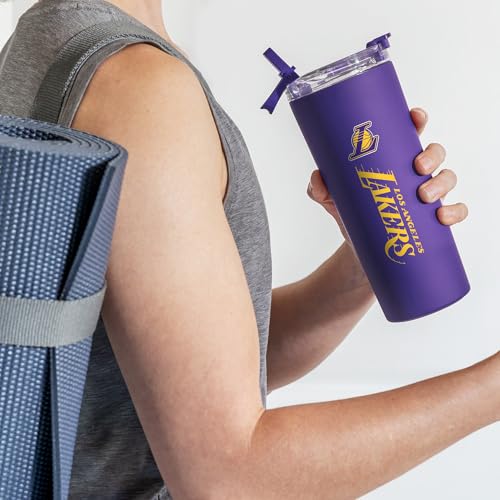 Image of Rico Industries NBA Basketball Los Angeles Lakers Purple 24oz Stainless Steel Tumbler with Lid and Dual Functioning Lid