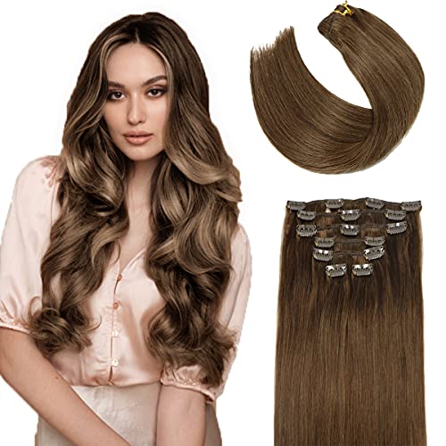 Clip in Hair Extensions Medium Brown 70g Clip in Human Hair Double Weft Silky Straight 100% Remy Human Hair Clip in Hair Extensions Human Hair Highlights for Fashion Women 22In