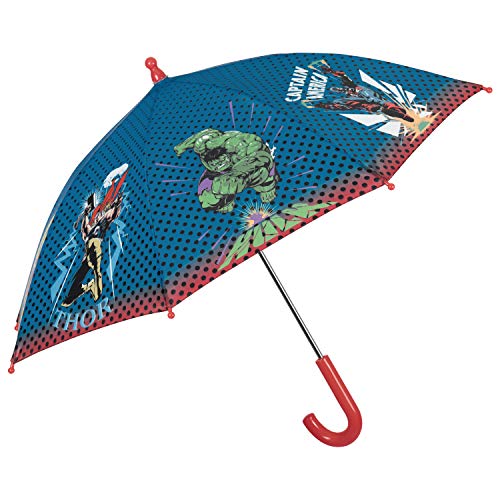 Paraguas Superhéroes Marvel Niño - Paraguas Infantil Vengadores Estampado Hulk Capitán América Thor - Resistente Antiviento Largo - Apertura Manual - Pequeños 3/6 Años - 76 cm Diámetro - Perletti Kids