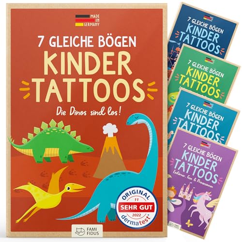 Famifidus Hautfreundliche Temporäre Tattoos I 7 Bögen I Dermatologisch SEHR GUT I Kinder Tattoo MADE IN GERMANY I Tattoos für Kinder (Die Dinos sind los!)