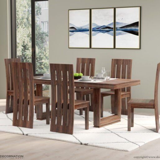 Image of DecorNation Meira Solid Wooden 6 Seater Dining Table Set with Chairs | Large Rectangular Dining Table | Ergonomic Backrest Chairs | Modern Dining Furniture for Home