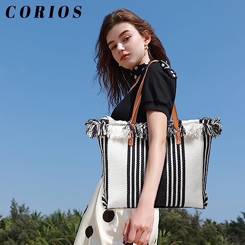 Image of CORIOS Tote Bag for Women Cute Canvas Shoulder Bag Summer Vibe Beach Bag Casual Handbag Bohemian Hobo Bag with Tassels