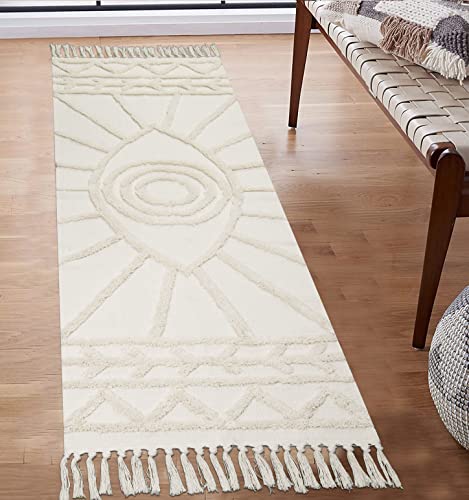 Uphome Alfombra de área con copetones de ojos bohemios, antideslizante, lavable a máquina, redonda de terciopelo suave (2 pies x 6 pies, beige) Cover