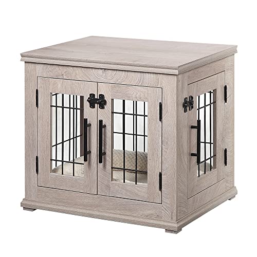 beeNbkks Furniture Style Dog Crate End Table, Double Doors Wooden Wire Dog Kennel with Pet Bed, Decorative Pet Crate Dog…