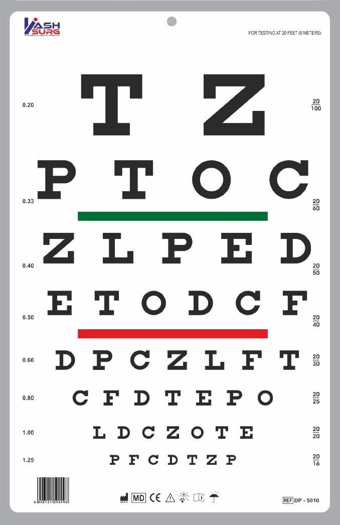 KASHSURG Snellen Chart with Red Green Lines 20 Feet_171_Pack of 42.
