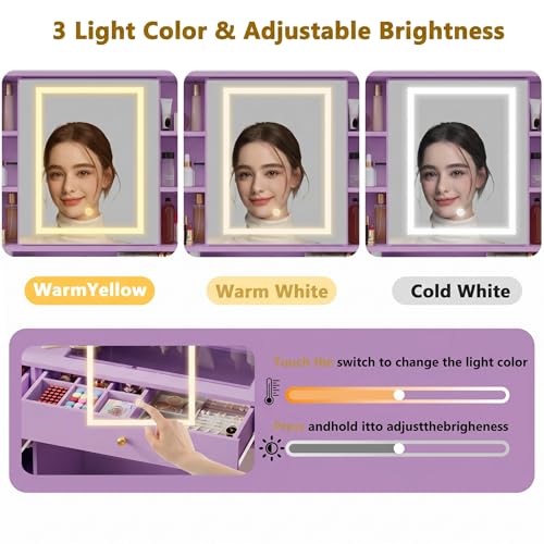 Image of Makeup Vanity Desk with Mirror and Lights, Purple Vanity with Glass Top, Jewelry Storage, Power Outlets, 3 Drawers & 2 Cabinets, Adjustable LED Lighting, Dressing Table for Women & Girls Bedroom