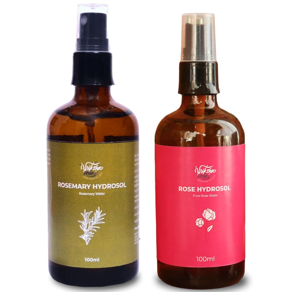 Vriksha Veda Selfcare Rituals Combo I Rose Hydrosol (100 ml) & Rosemary Hydrosol I For Skin & Hair (100 ml) I Rosemary Water for Hair Growth I Suitable for all Hair & Skin types