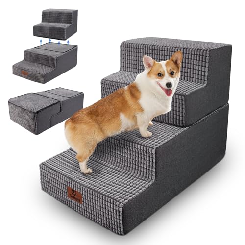Sytopia Hundetreppe Große Hunde 4 Stufen Hoch, Hundetreppe für Bett Sofa 50cm, Haustiertreppe waschbar, hochdichter Schaumstoff, für verletzte ältere Hunde (46cm Höhe, Grau)