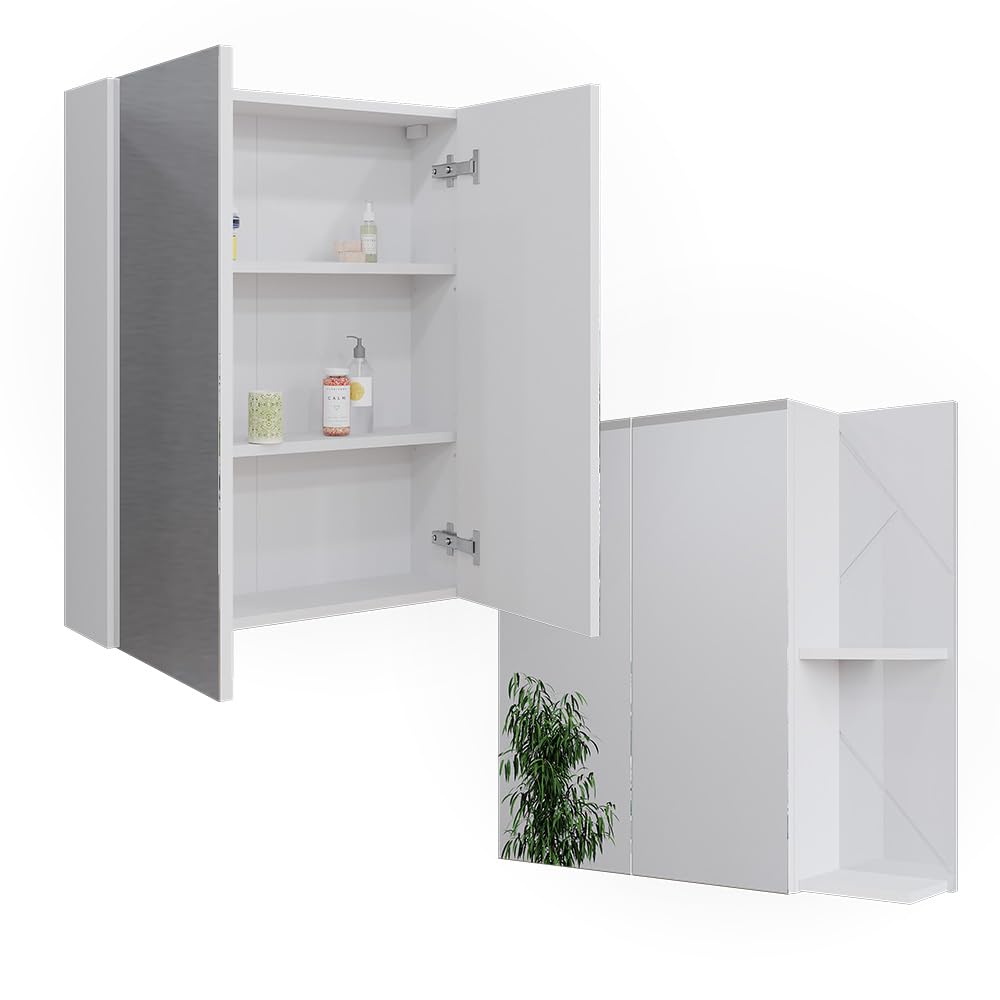 Vicco Mobile a specchio per il bagno Irma, Bianco/bianco lucido, 80 x 75 cm, per montaggio a parete con ripiani aperti e specchio