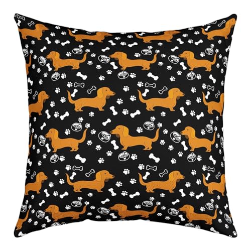 Cartoon Dachshund Kids Throw Pillow Cover Black White Paw Print Bone Graffiti Cushion Cover for Boys Girls Teens Cute Brown Puppy Pet Animal Cushion Case for Office Chairs 18x18 Inch