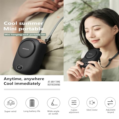 Image of AOCOOLFAN Portable Neck Fan, Mini Small Personal Handheld Fan USB Rechargeable 3 Speed for Girls Boys Woman Eyelash Travel Home Office Outdoor (Black)