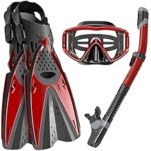 Full Face Snorkel Diving Masks Dry Snorkel Set Adjustable Panoramic Wide View Diving Goggle Deep Diving Snorkeling Professional Snorkelling Gear with Flippers for Adults and Kids